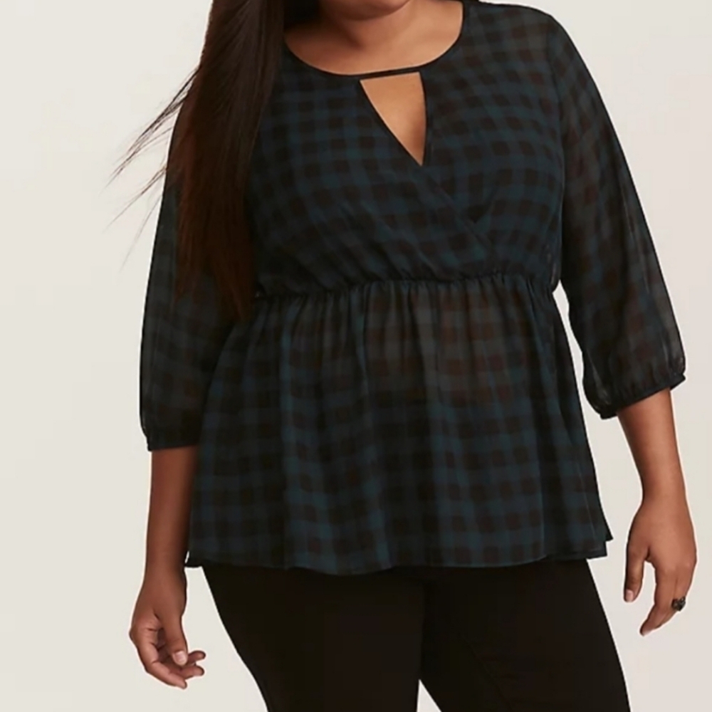 Women's Plaid Chiffon Top - Black and Green Size 3
